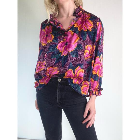 WARM Pink Floral Print Oversized Silk Blouse US Small - Picture 10 of 16